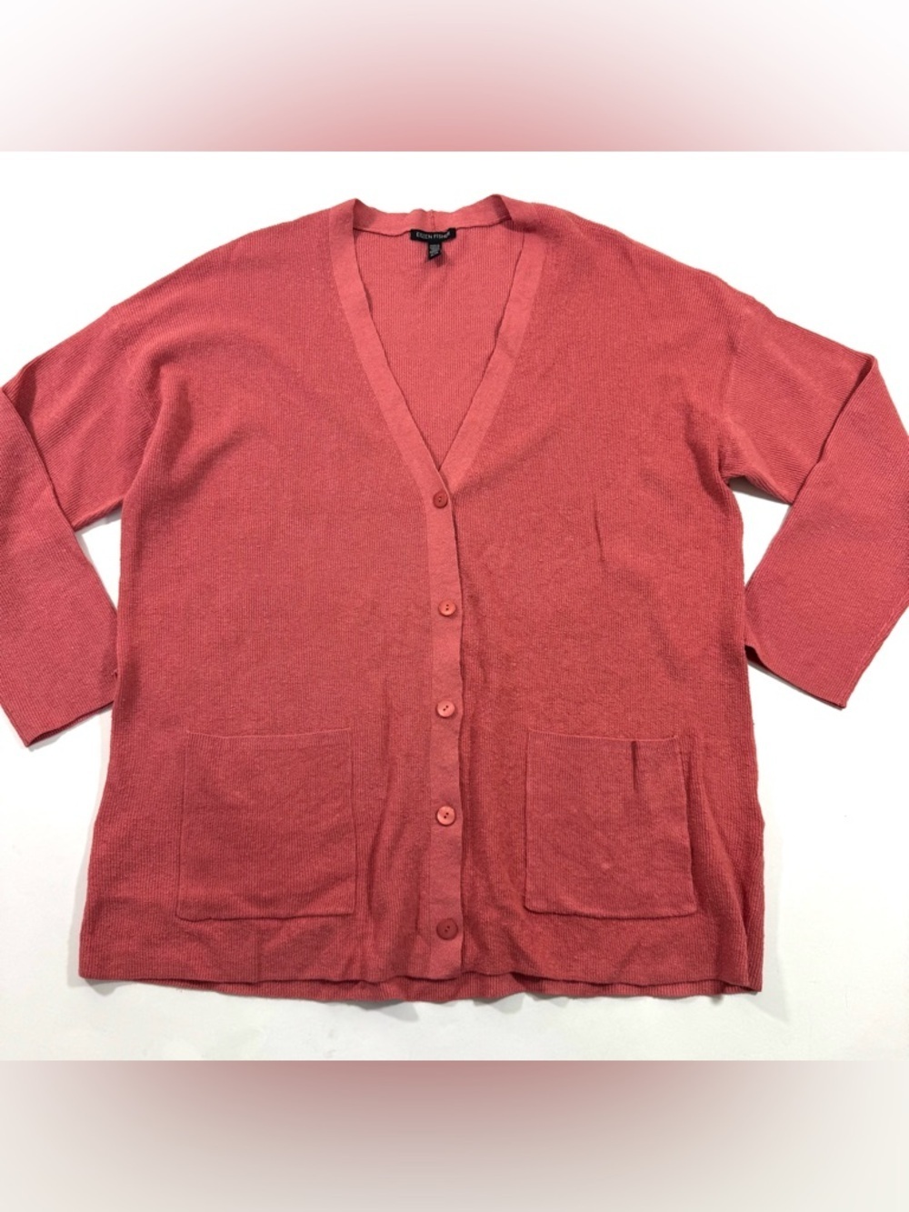 Eileen Fisher Organic Linen Stretch Cardigan V Neck Coral